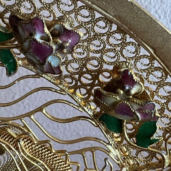 Chinese gold filigree enamel 3D dragon Phoenix decorative plate - Picture 6 of 14